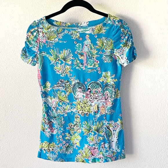 Lilly Pulitzer Jungle Glam Blue Toile Print Tropical Tee Top Size XS - Picture 9 of 12